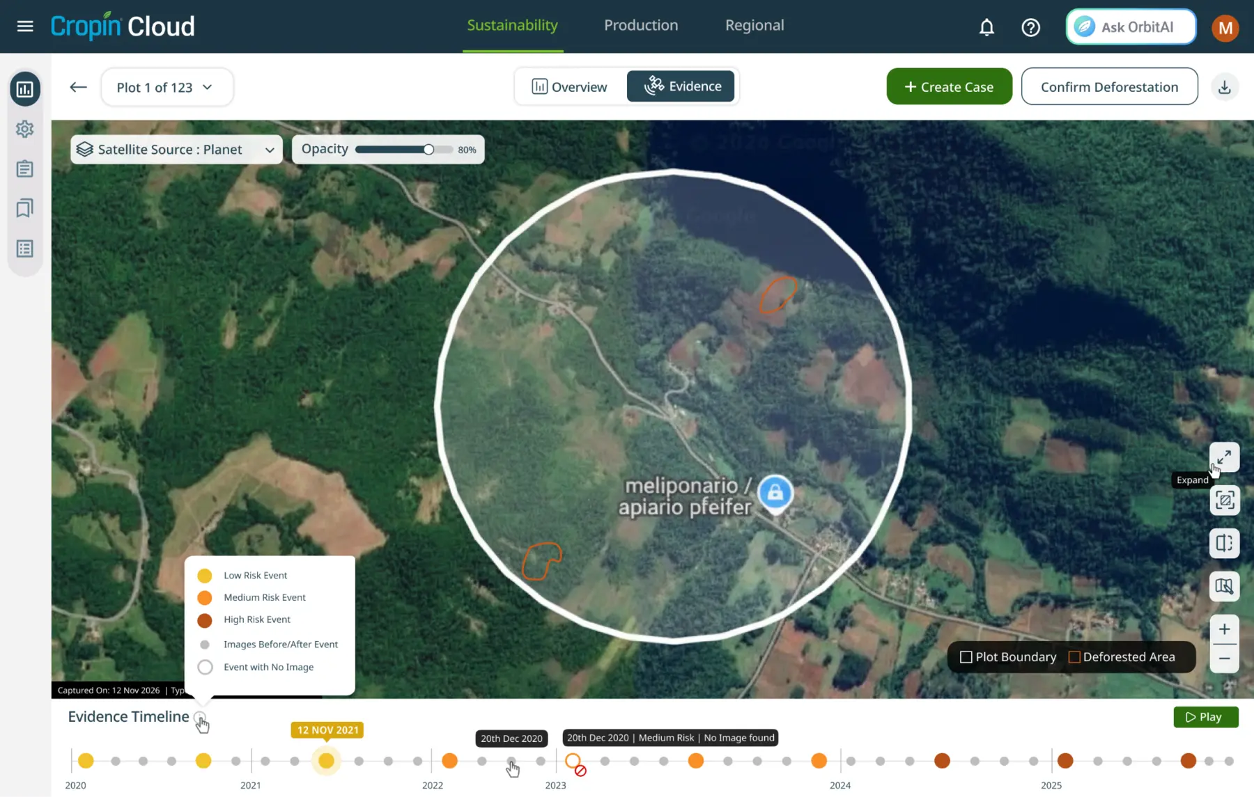 Cropin Cloud deforestation evidence map with event timeline and plot boundary