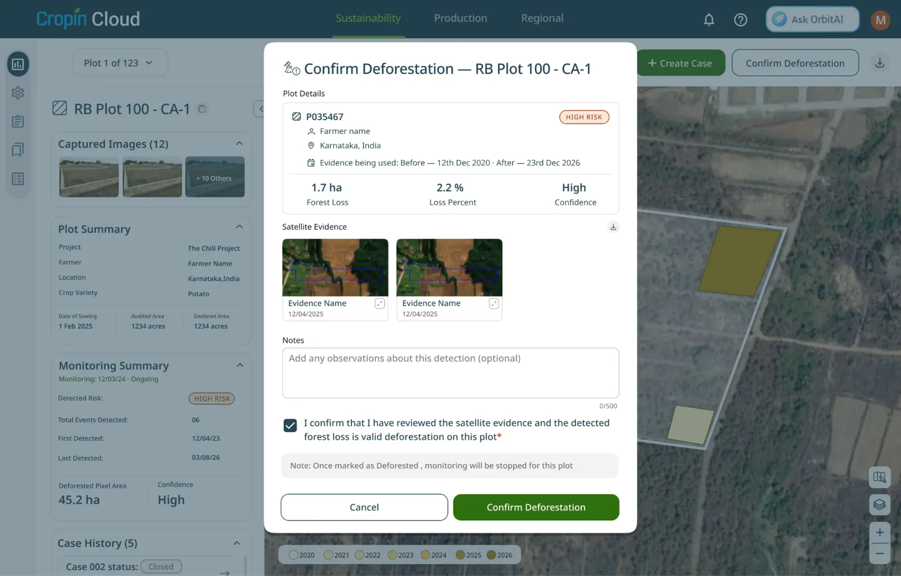 Cropin Cloud confirmation workflow with before and after satellite evidence