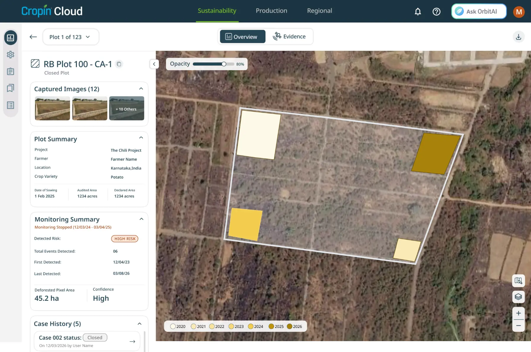 Cropin Cloud plot summary showing captured images, detected forest loss and monitoring history
