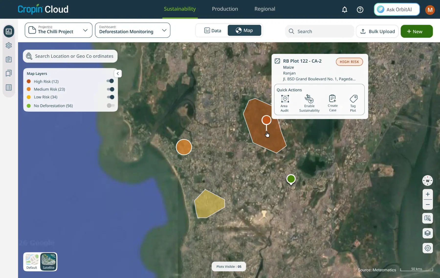 Cropin Cloud portfolio map showing plots ranked by deforestation risk