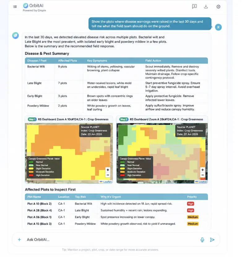 OrbitAI explaining crop disease risk and recommended response