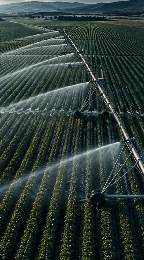 Aerial view of irrigated crop rows