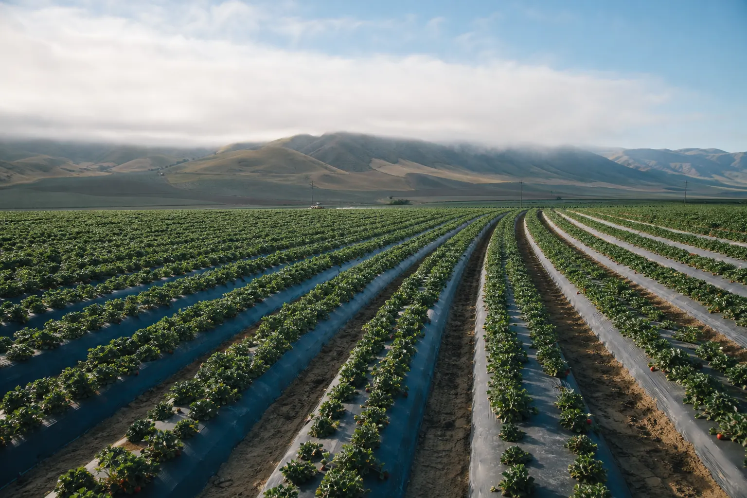 Aerial view of long strawberry beds under plastic mulch, with coastal hills and low cloud behind