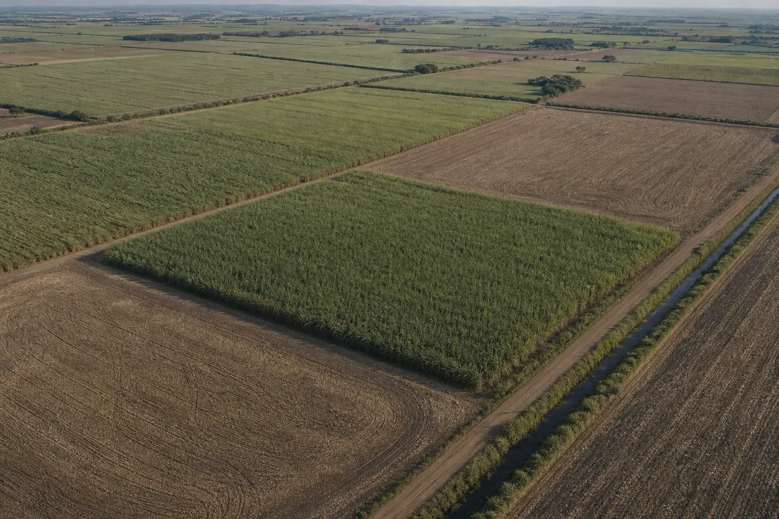 Aerial view of irrigated sugarcane blocks at different growth stages beside harvested bare fields and straight canals