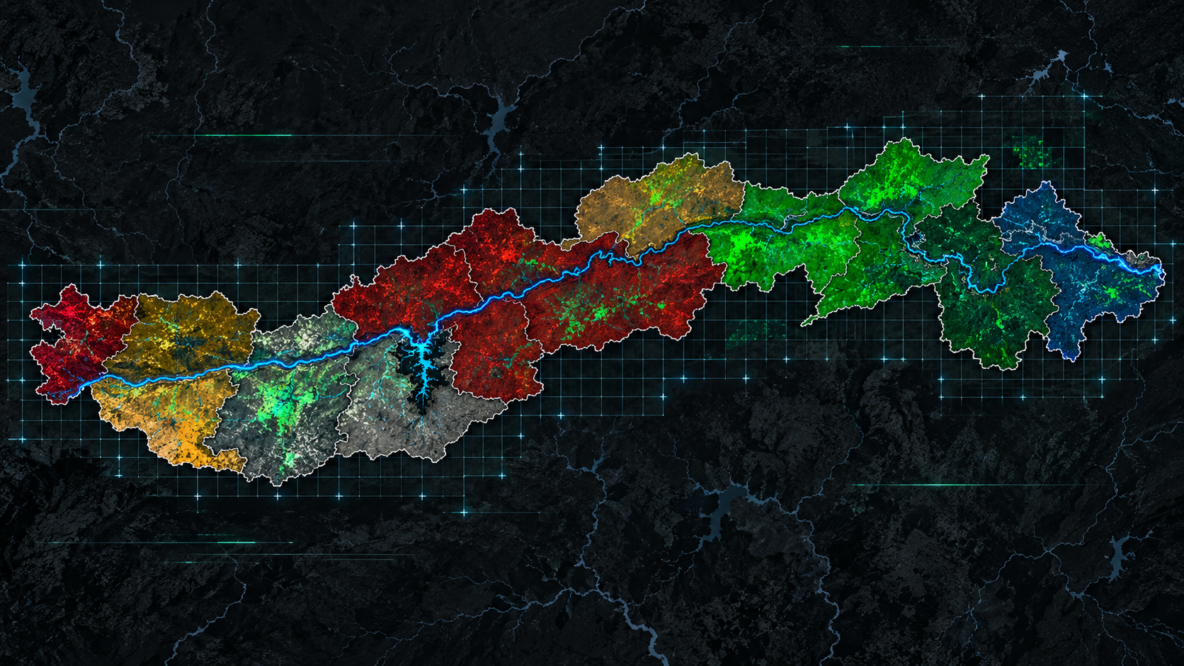 Geospatial intelligence view of the Narmada River basin with district boundaries and an Earth-grid overlay