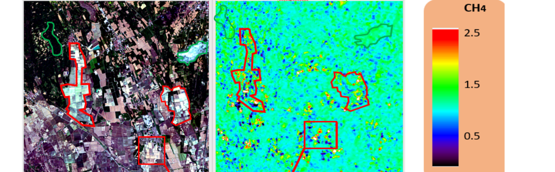 PRISMA hyperspectral observation of rice paddies in Italy alongside a processed methane indicator map